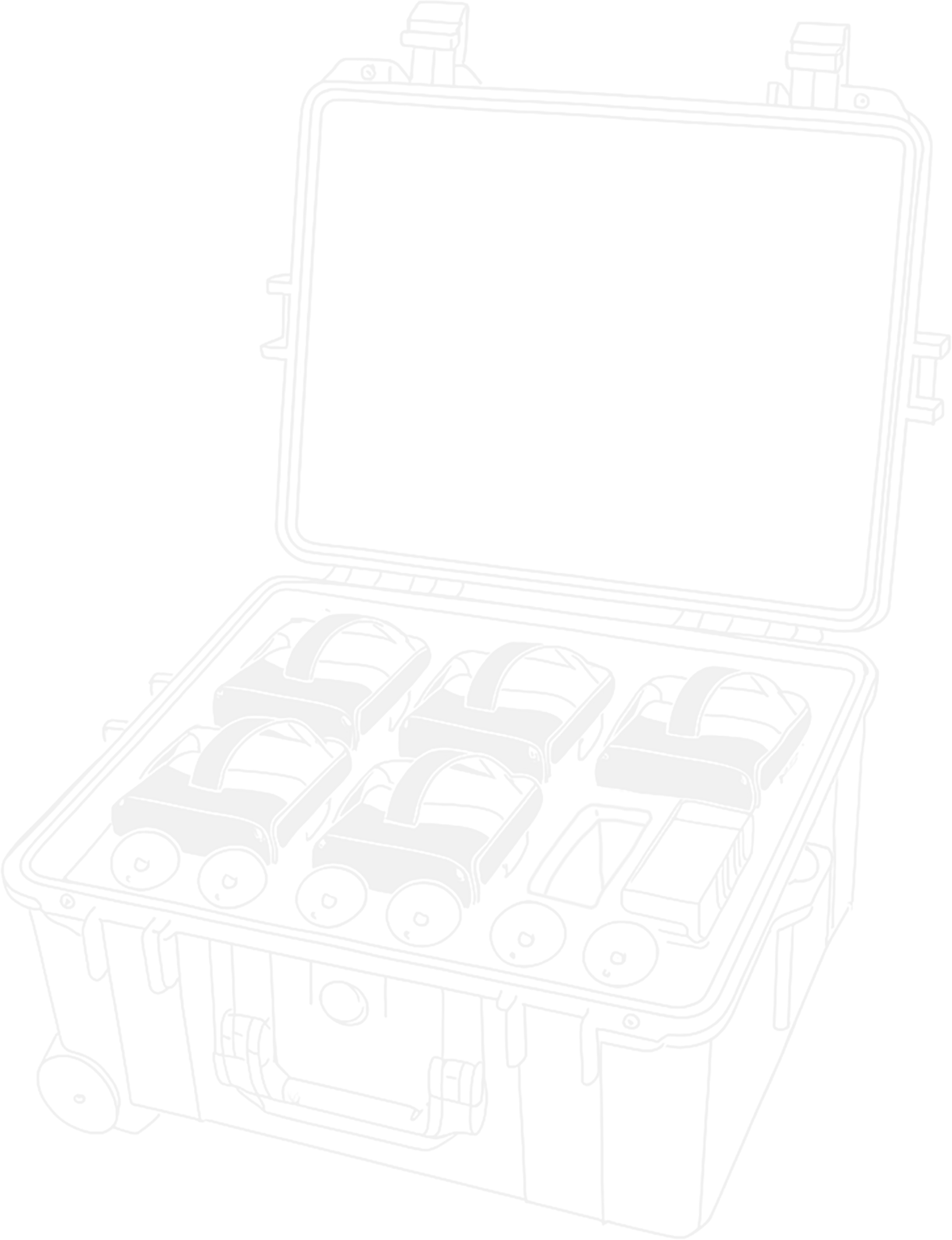 Line drawing of the open VR charging case with headsets and controllers in their compartments