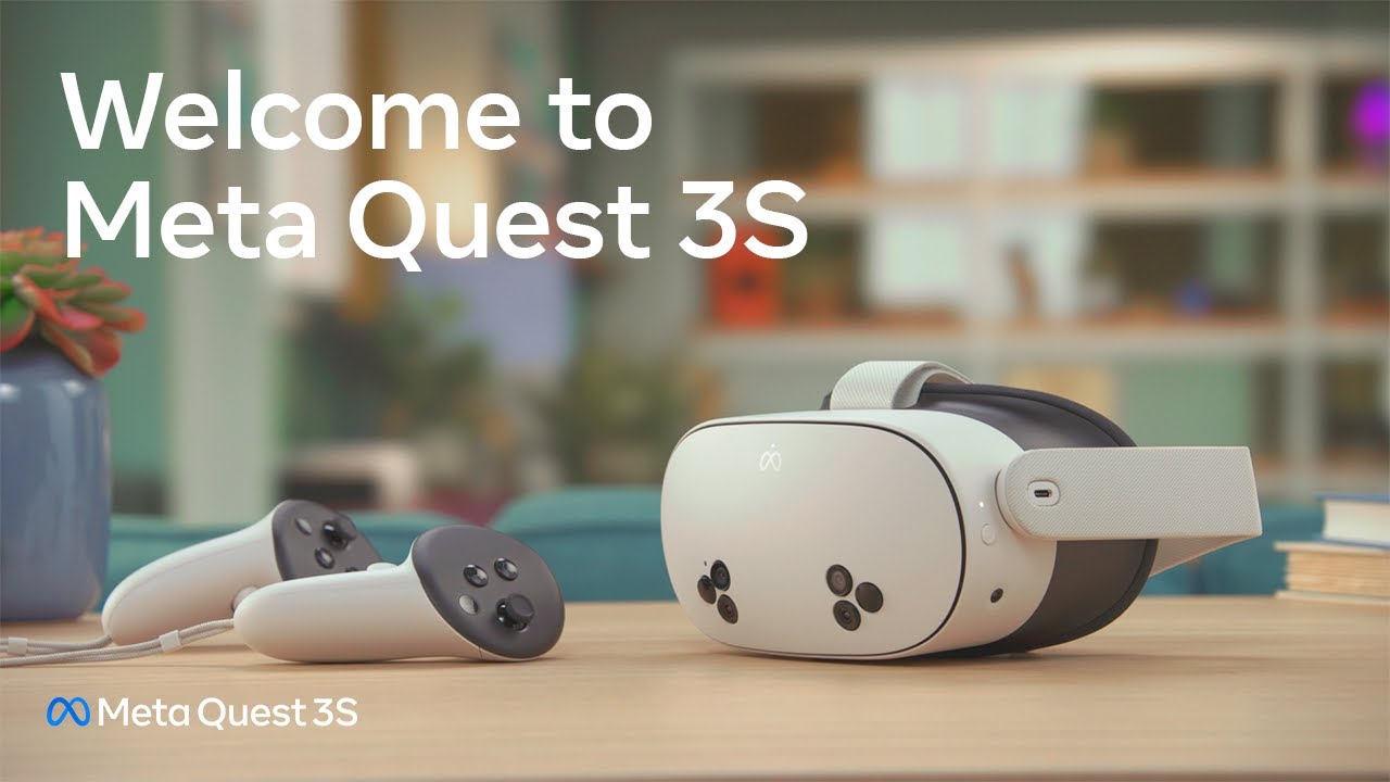 Welcome to Meta Quest 3S video thumbnail showing the headset and controllers on a desk